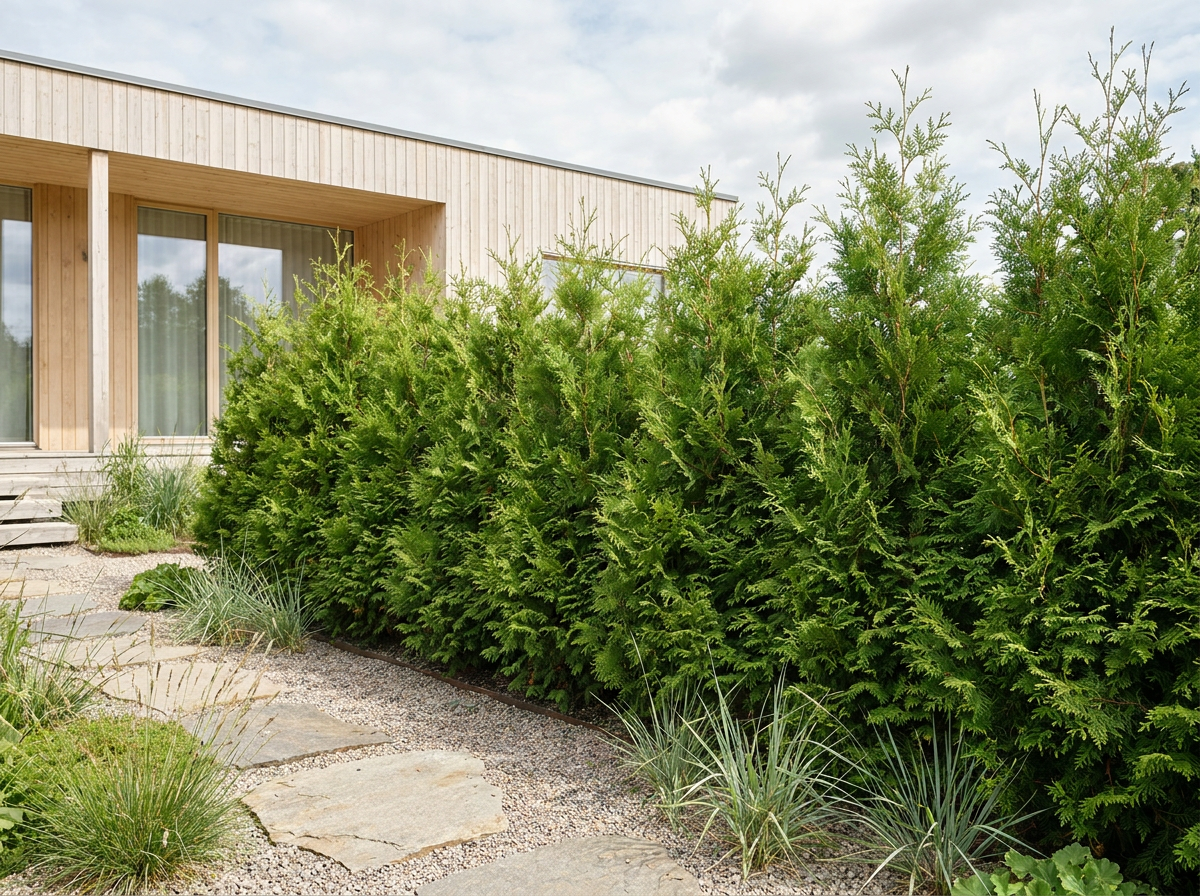 Tät Thuja Brabant-häck som insynsskydd vid ett träklätt hus