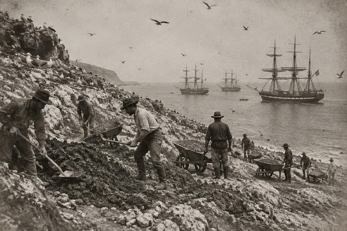 Arbetare gräver guano på en fågelö med segelfartyg i bakgrunden, gammalt svartvitt foto