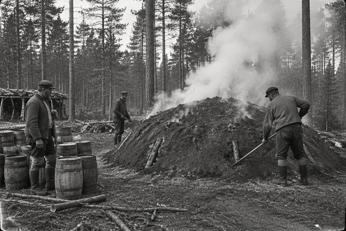 Män vid en rykande tjärdal i tallskogen, gammalt svartvitt foto