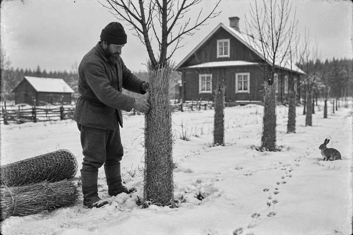 Bonde lindar halm och nät runt unga fruktträd i snön, gammalt svartvitt foto
