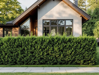 En tät och välskött häck av Thuja Brabant framför ett modernt hus.