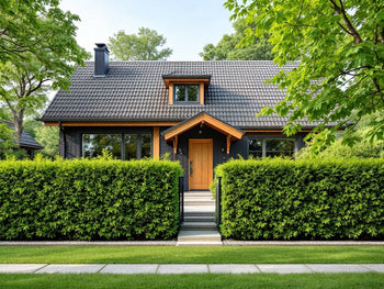 En vacker villa med svart fasad och trädetaljer, omgiven av en tät, grön thujahäck.