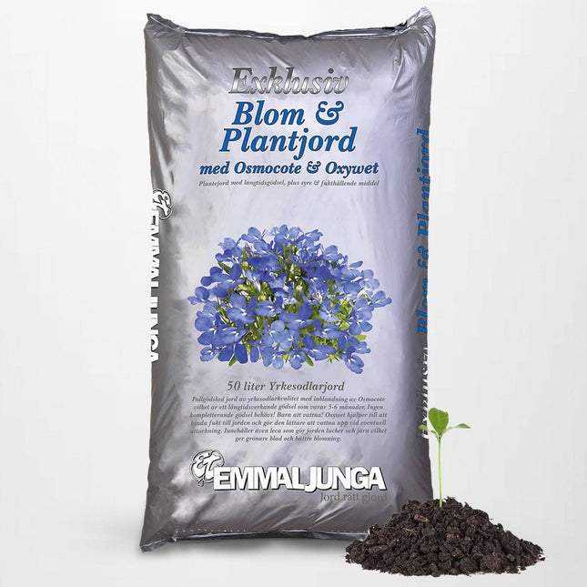 Köp Emmaljunga Exklusiv Blom och Plantjord med Osmocote 50L - Halvpall 21st - Fraktfri Emmaljunga Jordförbättring
